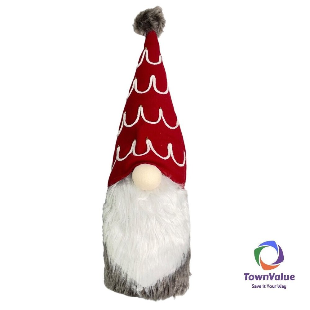 Gnome Door Stop Stopper Grey Fury Body Red Christmas Tree Hat Sand Weighted 24"